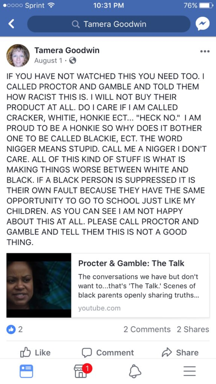 Snap of a Facebook​ post from the mother of Jacob Scott Goodwin where she talks about using the "N" word.