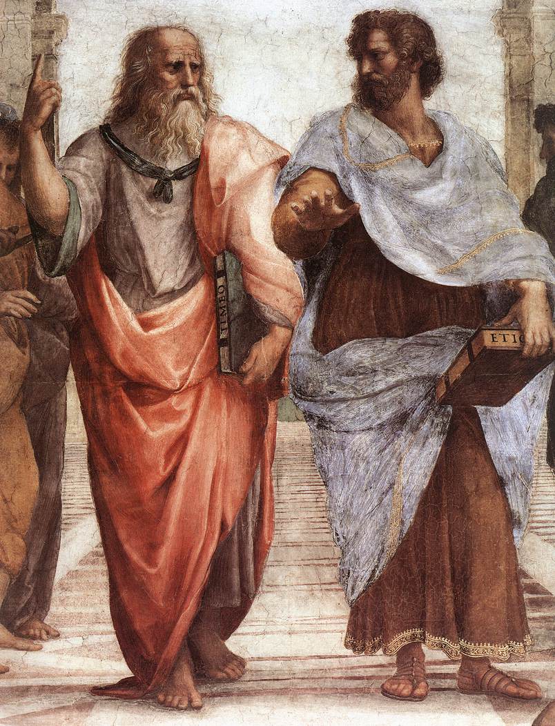 Plato (left) and Aristotle (right), a detail of The School of Athens, a fresco by Raphael. Aristotle gestures to the earth, representing his belief in knowledge through empirical observation and experience, while holding a copy of his Nicomachean Ethics in his hand, whilst Plato gestures to the heavens, representing his belief in The Forms, while holding a copy of Timaeus