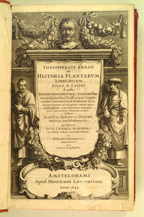 The frontispiece to a 1644 version of the expanded and illustrated edition of Historia Plantarum (ca. 1200), which was originally written around 300 BC.