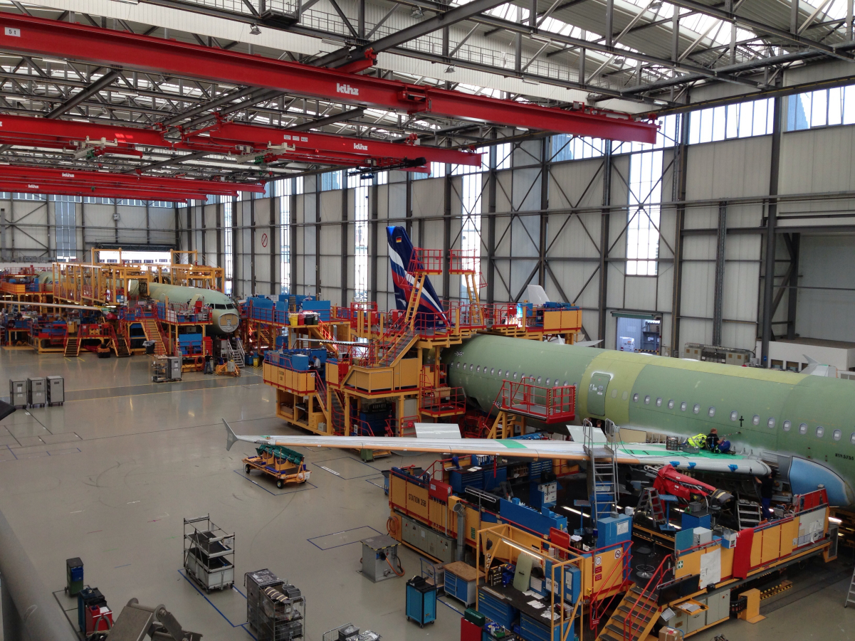 An <a href="/content/Airbus_A321" style="color:blue">Airbus A321</a> on <a href="/content/Assembly_line" style="color:blue">final assembly line</a> 3 in the Airbus plant at <a href="/content/Hamburg_Finkenwerder_Airport" style="color:blue">Hamburg Finkenwerder Airport</a>