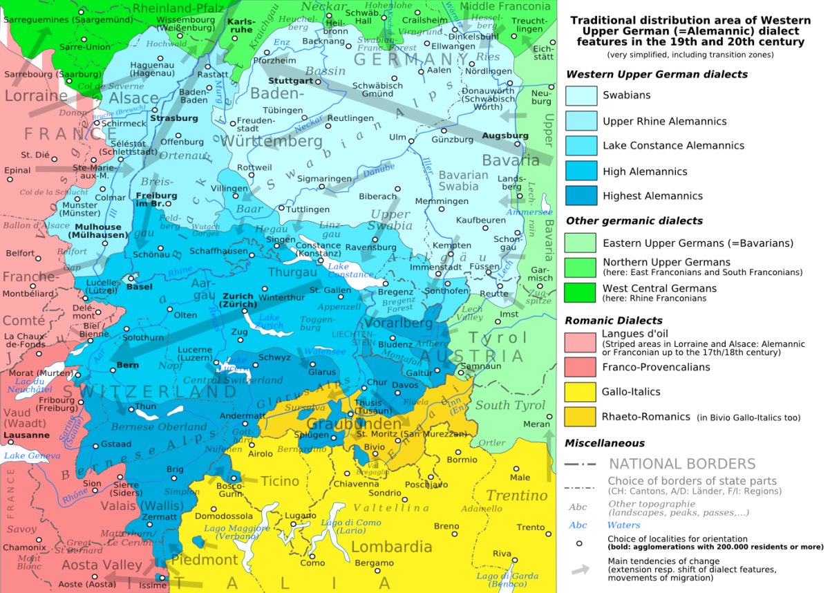 Blue indicates the traditional distribution area of Western Upper German (=Alemannic) dialects.