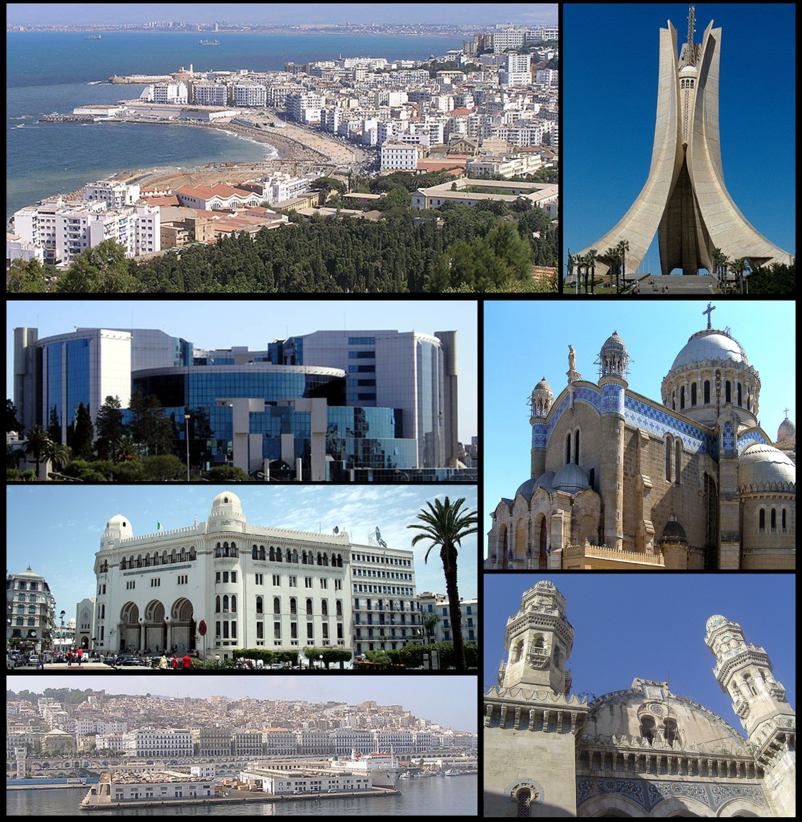 Clockwise: Buildings along the <a href="/content/Mediterranean_Sea" style="color:blue">Mediterranean</a> coast of Algiers, <a href="/content/Martyrs%27_Memorial,_Algiers" style="color:blue">Martyrs Memorial</a>, <a href="/content/Notre-Dame_d%27Afrique" style="color:blue">Notre-Dame d'Afrique</a>, <a href="/content/Ketchaoua_Mosque" style="color:blue">Ketchaoua Mosque</a>, <a href="/content/Casbah_of_Algiers" style="color:blue">Casbah</a>, the Grand Post Office and the <a href="/content/Ministry_of_Finance_(Algeria)" style="color:blue">Ministry of Finance of Algeria</a>