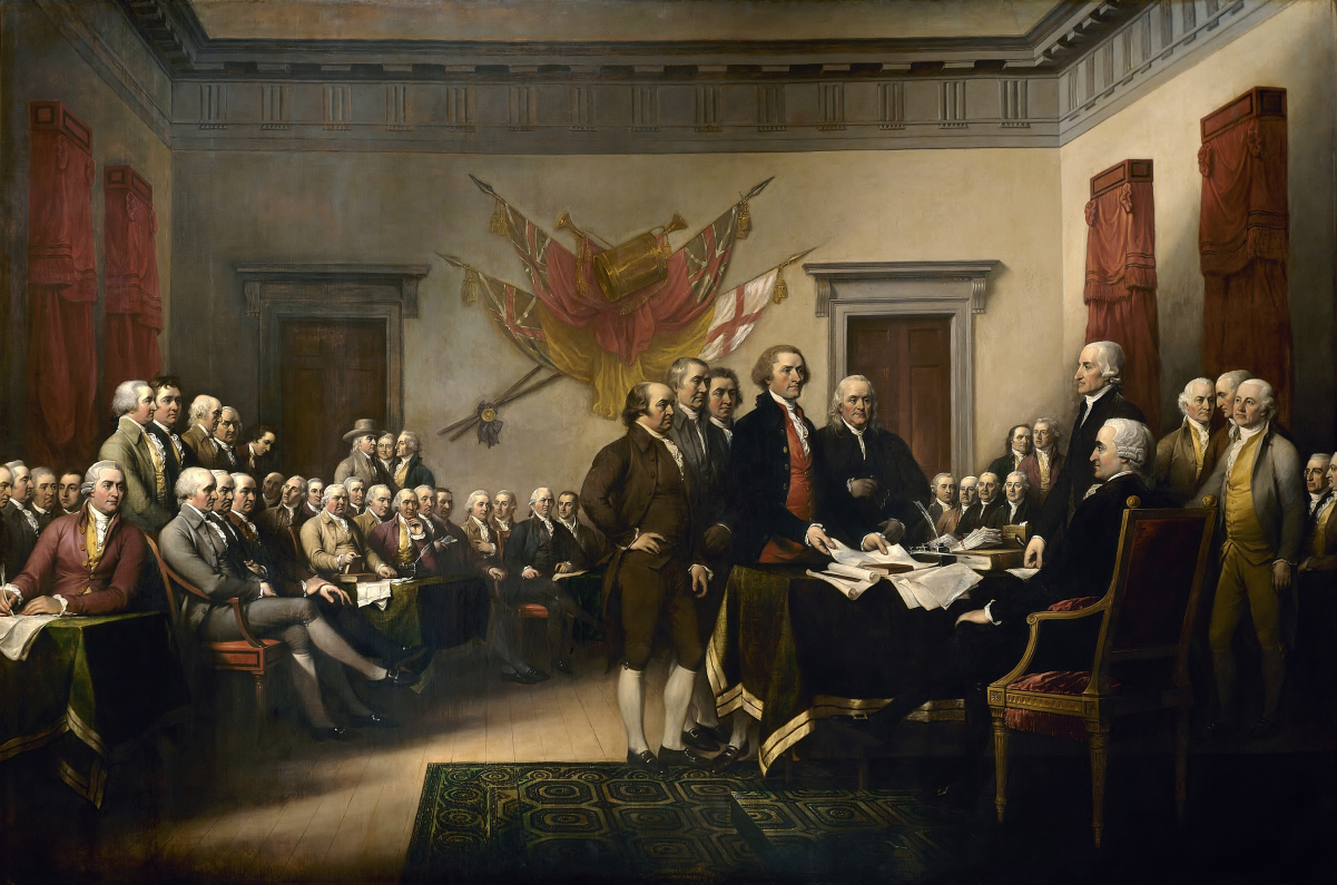 <a href="/content/John_Trumbull" style="color:blue">John Trumbull</a>'s <i><a href="/content/Declaration_of_Independence_(Trumbull)" style="color:blue">Declaration of Independence</a></i>, showing the <a href="/content/Committee_of_Five" style="color:blue">Committee of Five</a> presenting <a href="/content/United_States_Declaration_of_Independence" style="color:blue">its plan for independence</a> to Congress on June 28, 1776
