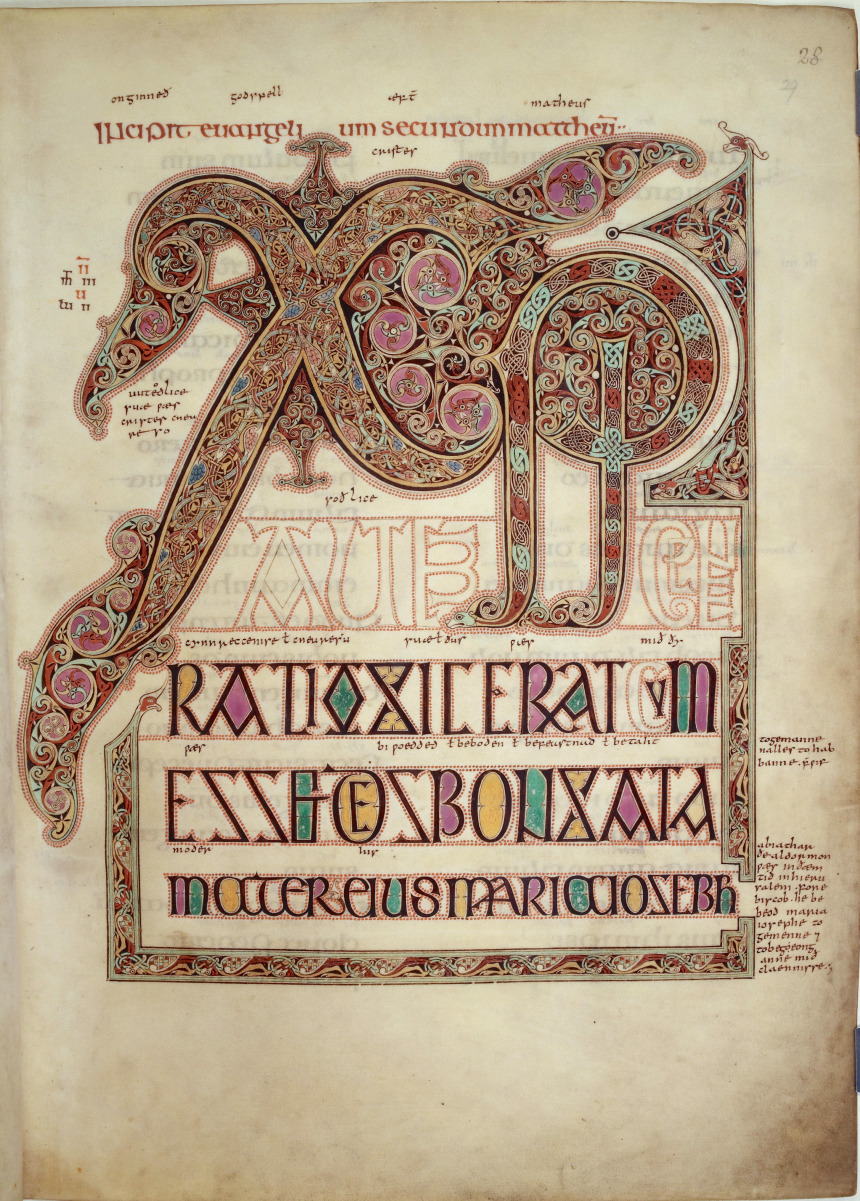 Page with <a href="/content/Chi_Rho" style="color:blue">Chi Rho</a> monogram from the Gospel of Matthew in the <a href="/content/Lindisfarne_Gospels" style="color:blue">Lindisfarne Gospels</a> c. 700, possibly created by <a href="/content/Eadfrith_of_Lindisfarne" style="color:blue">Eadfrith of Lindisfarne</a> in memory of <a href="/content/Cuthbert" style="color:blue">Cuthbert</a>