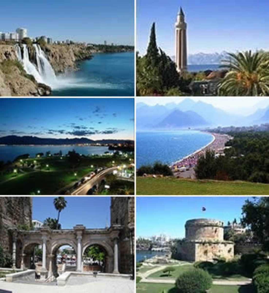 <b>Clockwise from top left:</b> <a href="/content/D%C3%BCden_Waterfalls" style="color:blue">Düden Waterfalls</a>, <a href="/content/Yivliminare_Cami" style="color:blue">Yivliminare Mosque</a>, <a href="/content/Konyaalt%C4%B1" style="color:blue">Konyaaltı</a>, <a href="/content/H%C4%B1d%C4%B1rl%C4%B1k_Tower" style="color:blue">Hıdırlık Tower</a>, <a href="/content/Hadrian%27s_Gate" style="color:blue">Hadrian's Gate</a> and Falez Park at night.