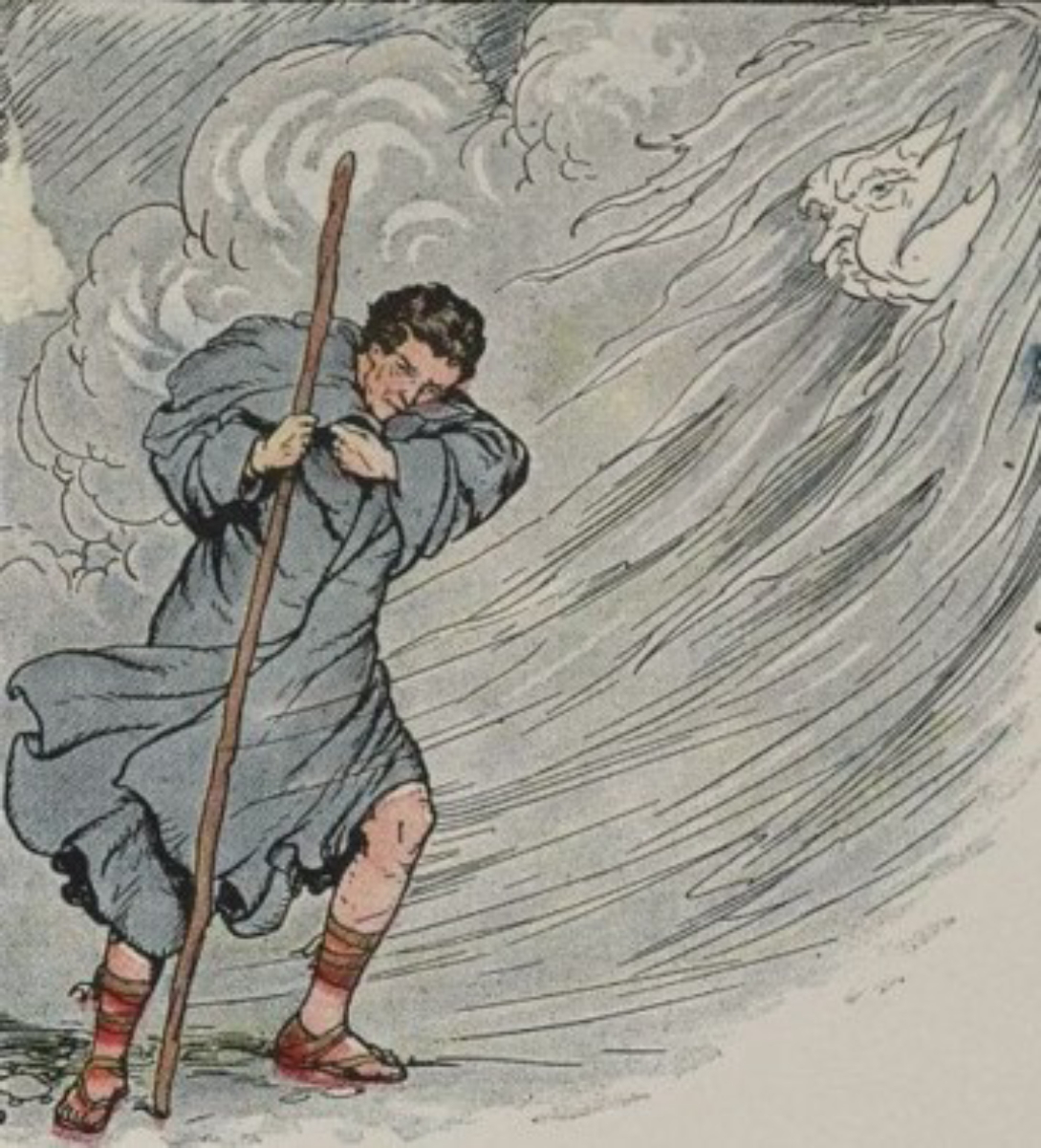 In this illustration by <a href="/content/Milo_Winter" style="color:blue">Milo Winter</a> of <a href="/content/Aesop" style="color:blue">Aesop</a>'s fable, "<a href="/content/The_North_Wind_and_the_Sun" style="color:blue">The North Wind and the Sun</a>", a <a href="/content/Personification" style="color:blue">personified</a> North Wind tries to strip the cloak off of a traveler.