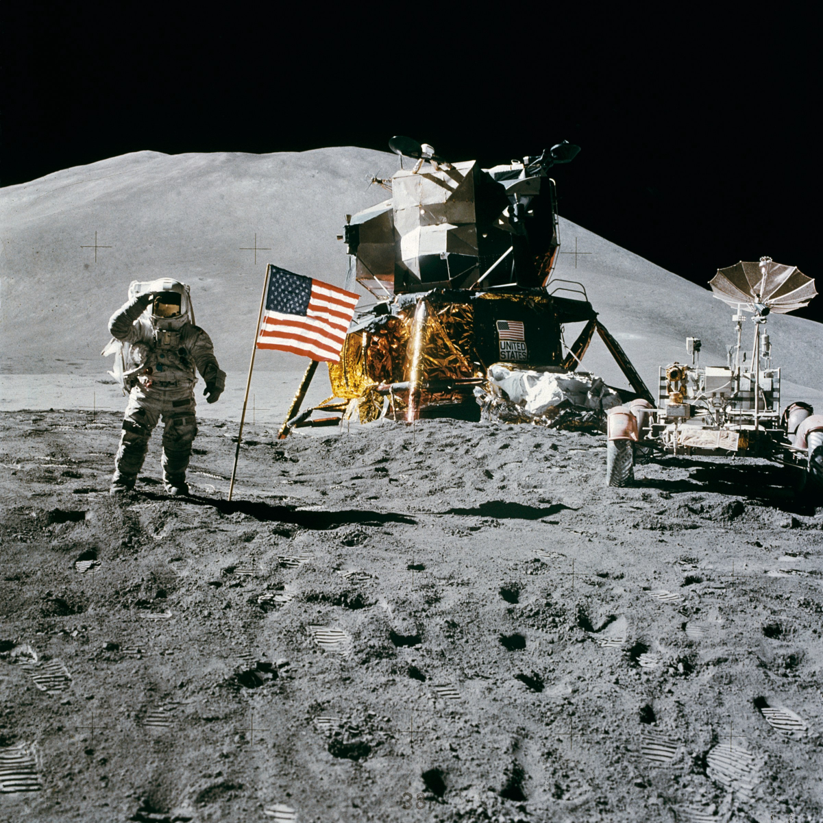 Jim Irwin salutes the <a href="/content/Flag_of_the_United_States" style="color:blue">United States flag</a> on the Moon, August 1, 1971