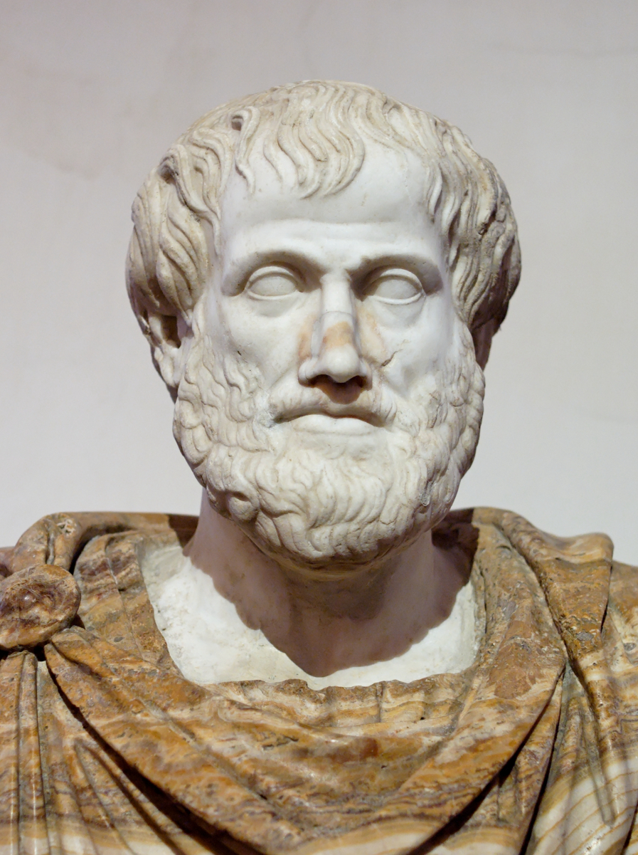 Roman copy in marble of a Greek bronze <a href="/content/Bust_(sculpture)" style="color:blue">bust</a> of Aristotle by <a href="/content/Lysippos" style="color:blue">Lysippos</a>, <a href="/content/Circa" style="color:blue">c.</a> 330 BC, with modern <a href="/content/Alabaster" style="color:blue">alabaster</a> <a href="/content/Mantle_(clothing)" style="color:blue">mantle</a>