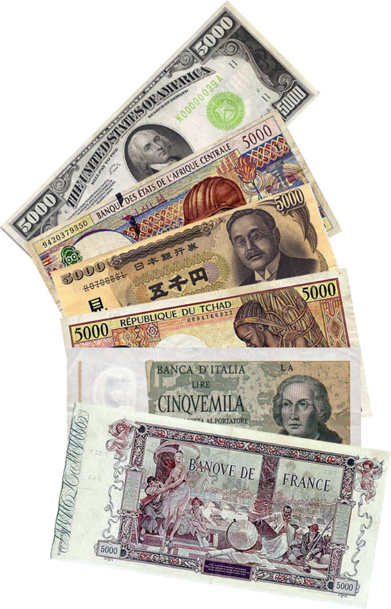 Banknotes with a face value of 5000 in different currencies.