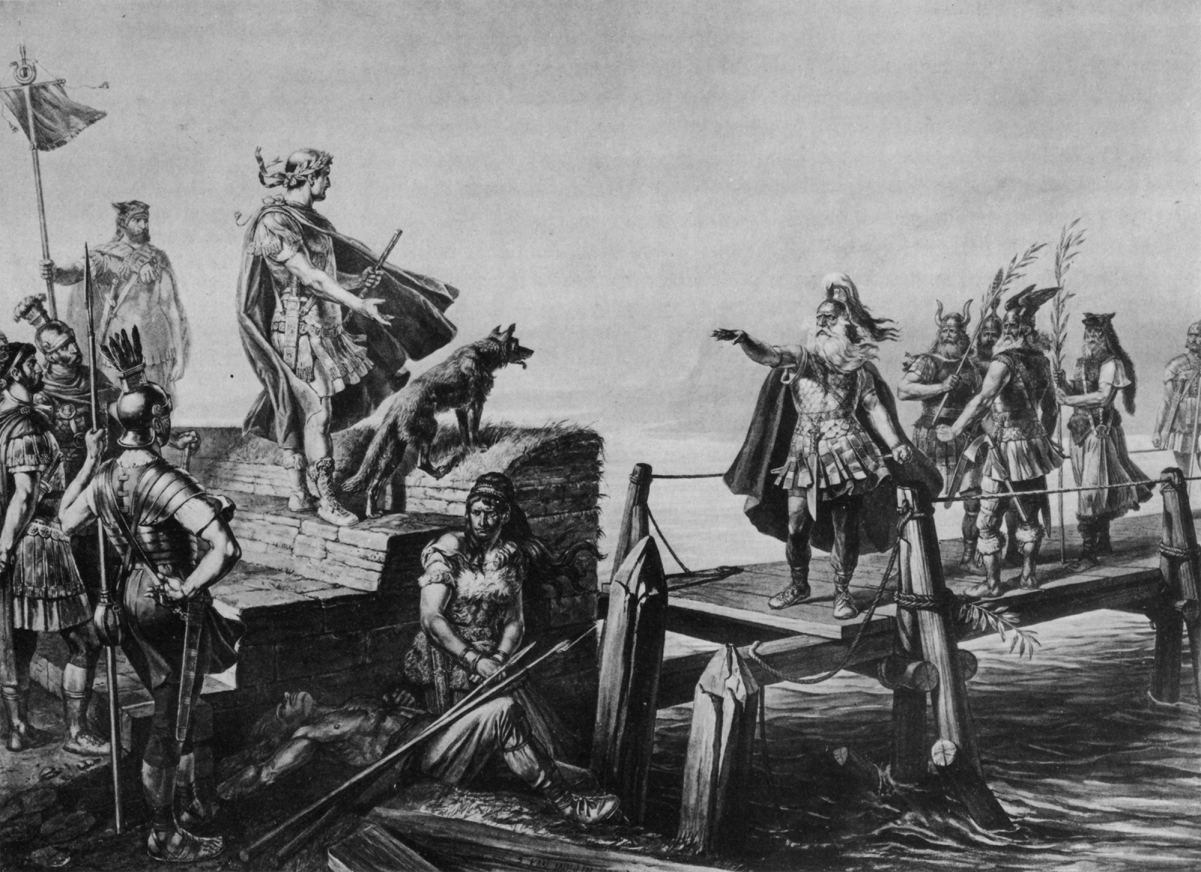 <a href="/content/Julius_Caesar" style="color:blue">Julius Caesar</a> and <a href="/content/Divico" style="color:blue">Divico</a> parley after the battle at the Saône. Historic painting of the 19th century by <a href="/content/Karl_Jauslin" style="color:blue">Karl Jauslin</a>