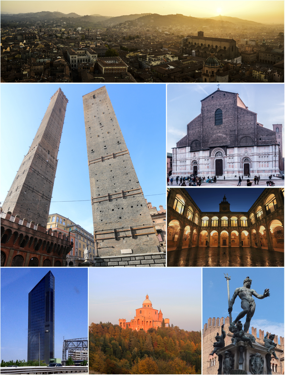 Clockwise from top: panorama of Bologna and the surrounding hills, <a href="/content/San_Petronio_Basilica" style="color:blue">San Petronio Basilica</a>, <a href="/content/University_of_Bologna" style="color:blue">University of Bologna</a>, <a href="/content/Fountain_of_Neptune,_Bologna" style="color:blue">Fountain of Neptune</a>, <a href="/content/Sanctuary_of_the_Madonna_di_San_Luca" style="color:blue">Sanctuary of the Madonna di San Luca</a>, <a href="/content/Unipol_Tower" style="color:blue">Unipol Tower</a> and the <a href="/content/Two_Towers,_Bologna" style="color:blue">Two Towers</a>