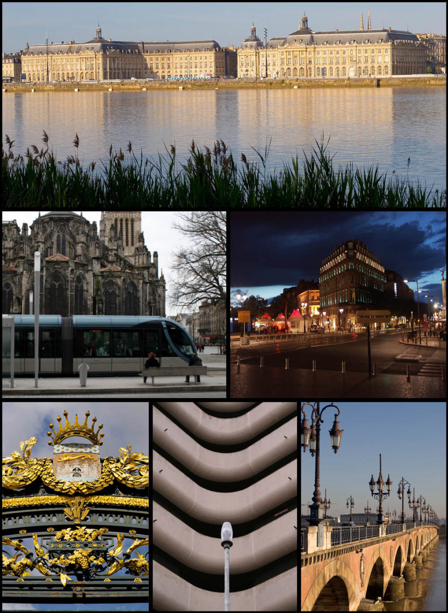 Clockwise from top: <a href="/content/Place_de_la_Bourse" style="color:blue">Place de la Bourse</a> by the <a href="/content/Garonne" style="color:blue">Garonne</a>, Allées du Tourny and Maison de Vin, <a href="/content/Pont_de_pierre_(Bordeaux)" style="color:blue">Pierre Bridge</a> on the Garonne, Meriadeck Commercial Centre, front of Palais Rohan Hotel, and <a href="/content/Bordeaux_Cathedral" style="color:blue">Saint-André Cathedral</a> with the <a href="/content/Bordeaux_tramway" style="color:blue">Bordeaux tramway</a>