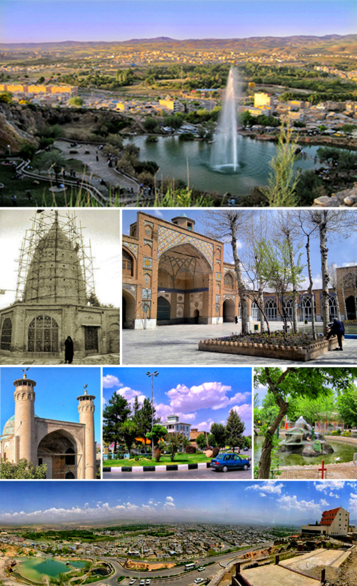 <b>Top</b>: Outlook of the city from Chogha Hill, <b>Second left</b>: Imamzadeh Ja'far Tomb, <b>Second right</b>: Borujerd Sultani Mosque, <b>Third left</b>: Borujerd Jameh Mosque, <b>Third middle</b>: Yadbood Square, <b>Third right</b>: Fadak Park, <b>Bottom</b>: Panorama view of Borujerd, from Kuye Farhangian area