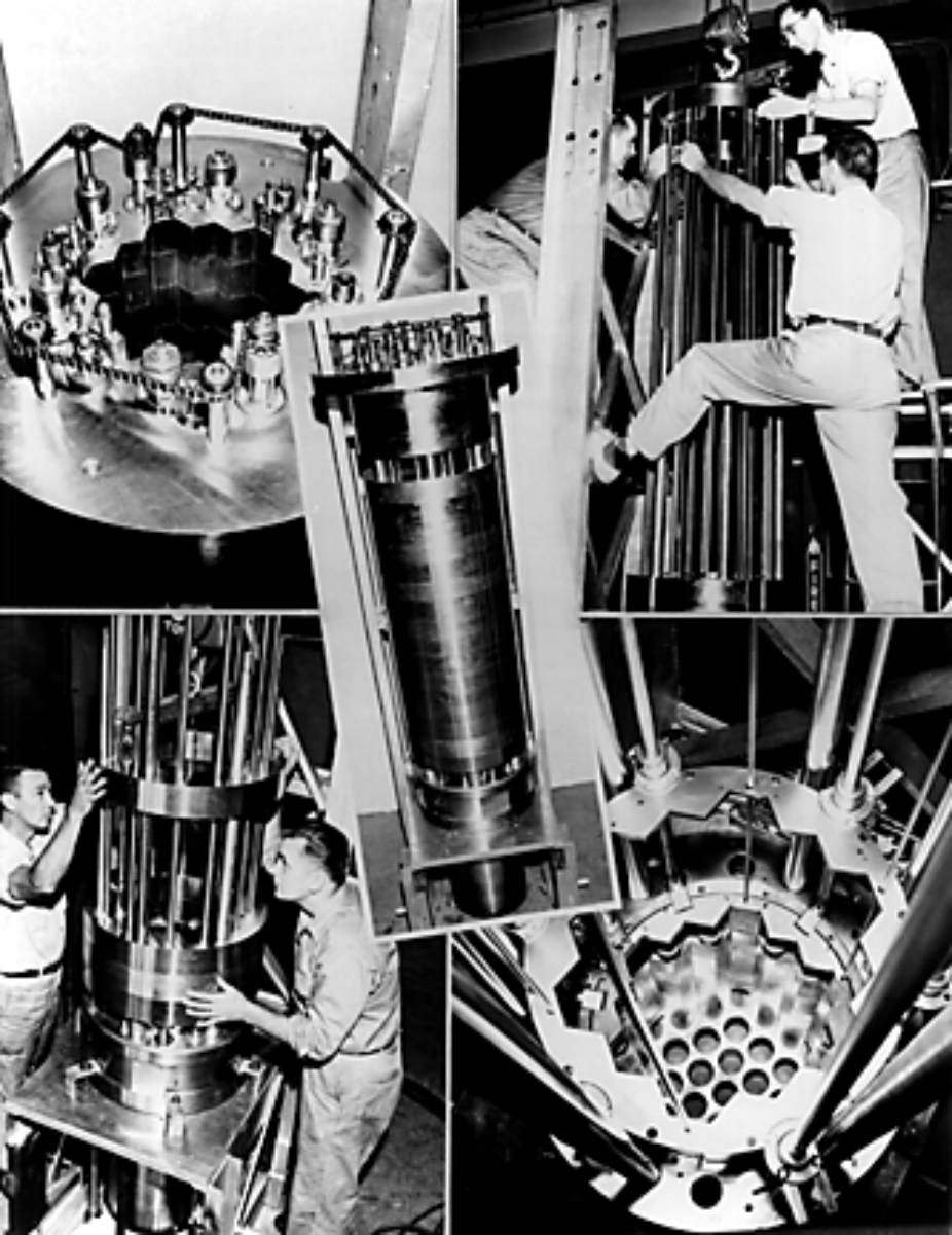 Assembly of the core of <a href="/content/Experimental_Breeder_Reactor_I" style="color:blue">Experimental Breeder Reactor I</a> in <a href="/content/Idaho" style="color:blue">Idaho</a>, <a href="/content/United_States" style="color:blue">United States</a>, 1951