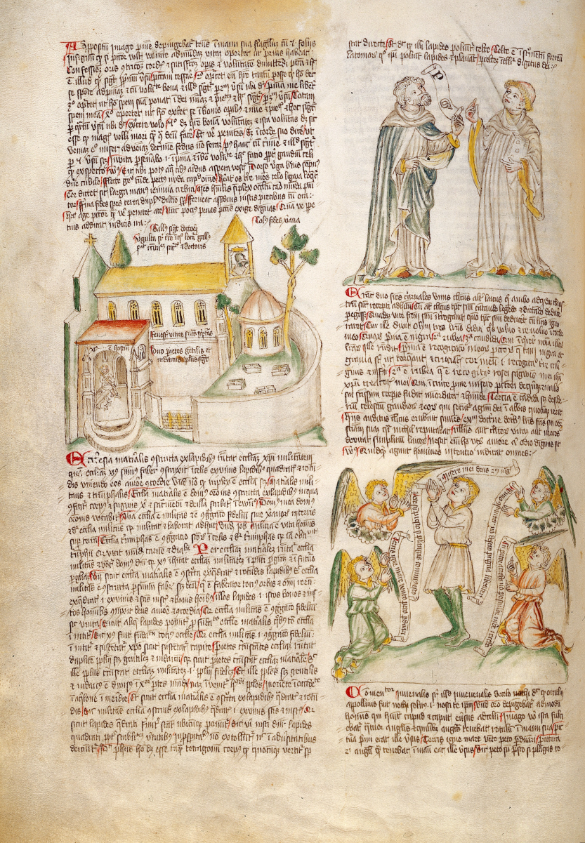 A church, a monk with lay brother & a praying man (from an illustrated medieval manuscript)