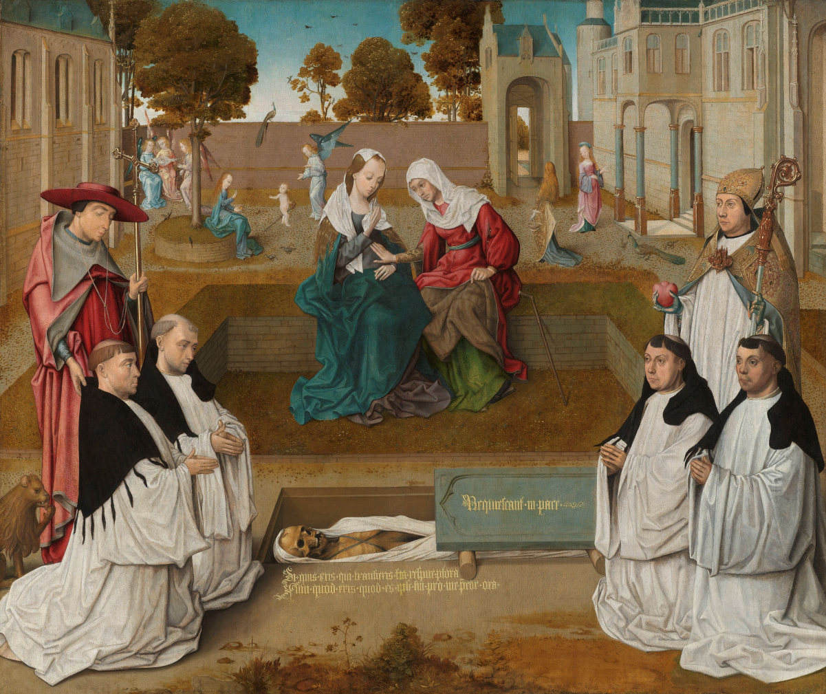 <i>Four canons with SS Augustine and Jerome by an open grave, with the Visitation</i>. Master of the Spes Nostra (active c. 1500–1520, Northern Netherlands)