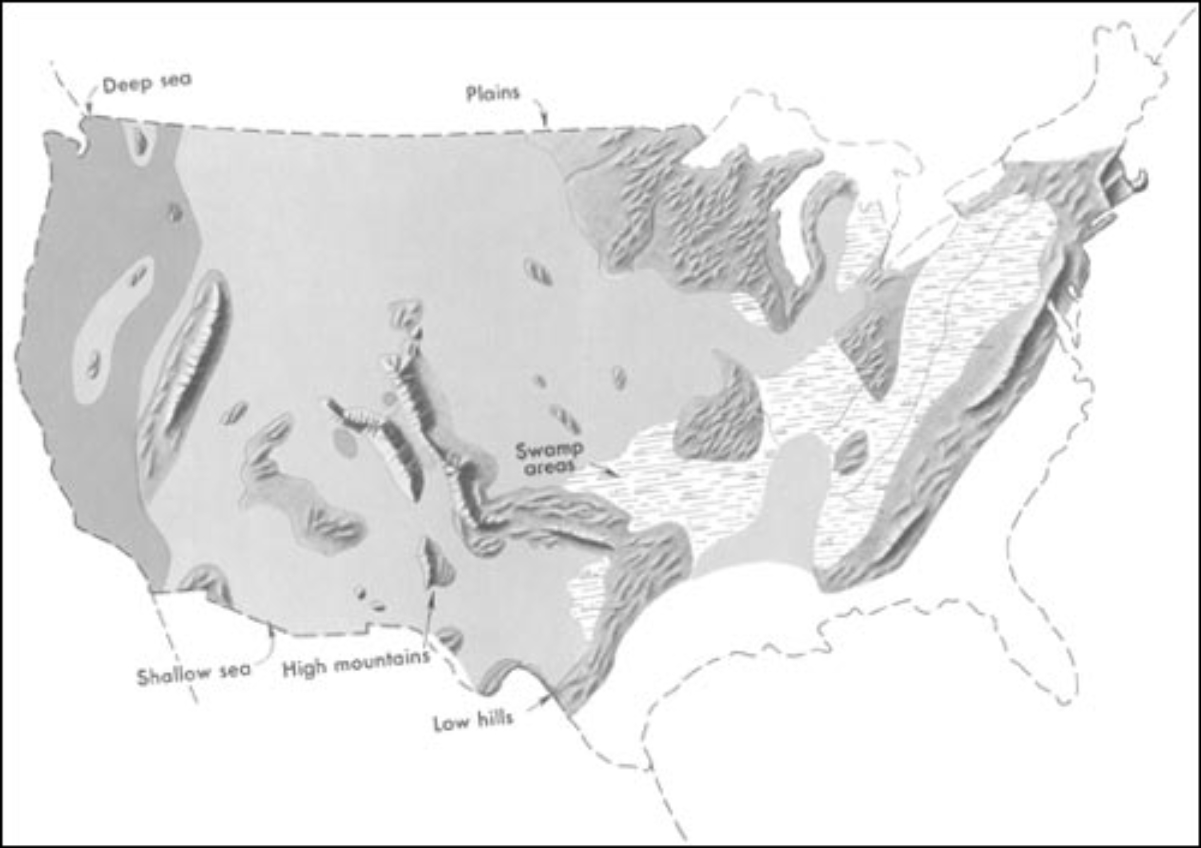 Generalized geographic map of the <a href="/content/United_States" style="color:blue">United States</a> in Middle <a href="/content/Pennsylvanian_(geology)" style="color:blue">Pennsylvanian</a> time.