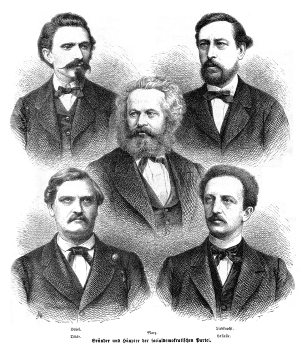 Leaders of the early German worker's movement (above: <a href="/content/August_Bebel" style="color:blue">August Bebel</a>, <a href="/content/Wilhelm_Liebknecht" style="color:blue">Wilhelm Liebknecht</a>, in the center: <a href="/content/Karl_Marx" style="color:blue">Karl Marx</a>, below: Carl Wilhelm Tölcke, <a href="/content/Ferdinand_Lassalle" style="color:blue">Ferdinand Lassalle</a>)