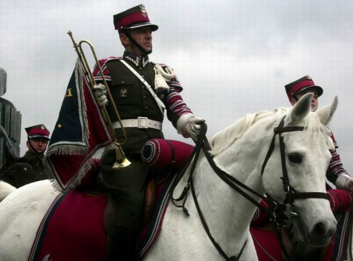 A trumpeter of the <a href="/content/Representative_Honor_Guard_Regiment_of_the_Polish_Armed_Forces" style="color:blue">Representative Cavalry Squadron</a> in the <a href="/content/Polish_Armed_Forces" style="color:blue">Polish Army</a>.