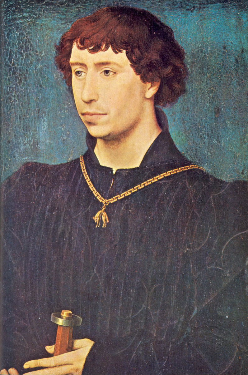 <a href="/content/Rogier_van_der_Weyden" style="color:blue">Rogier van der Weyden</a> painted Charles the Bold as a young man in about 1460, wearing the collar of the <a href="/content/Order_of_the_Golden_Fleece" style="color:blue">Order of the Golden Fleece</a>