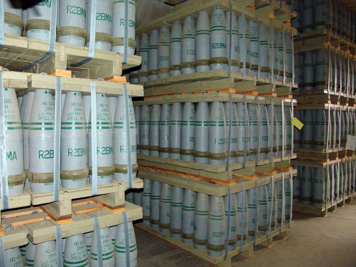 Pallets of 155 mm <a href="/content/Artillery_shell" style="color:blue">artillery shells</a> containing "HD" (distilled sulfur mustard agent) at <a href="/content/Pueblo_Depot_Activity" style="color:blue">Pueblo Depot Activity</a> (PUDA) chemical weapons storage facility