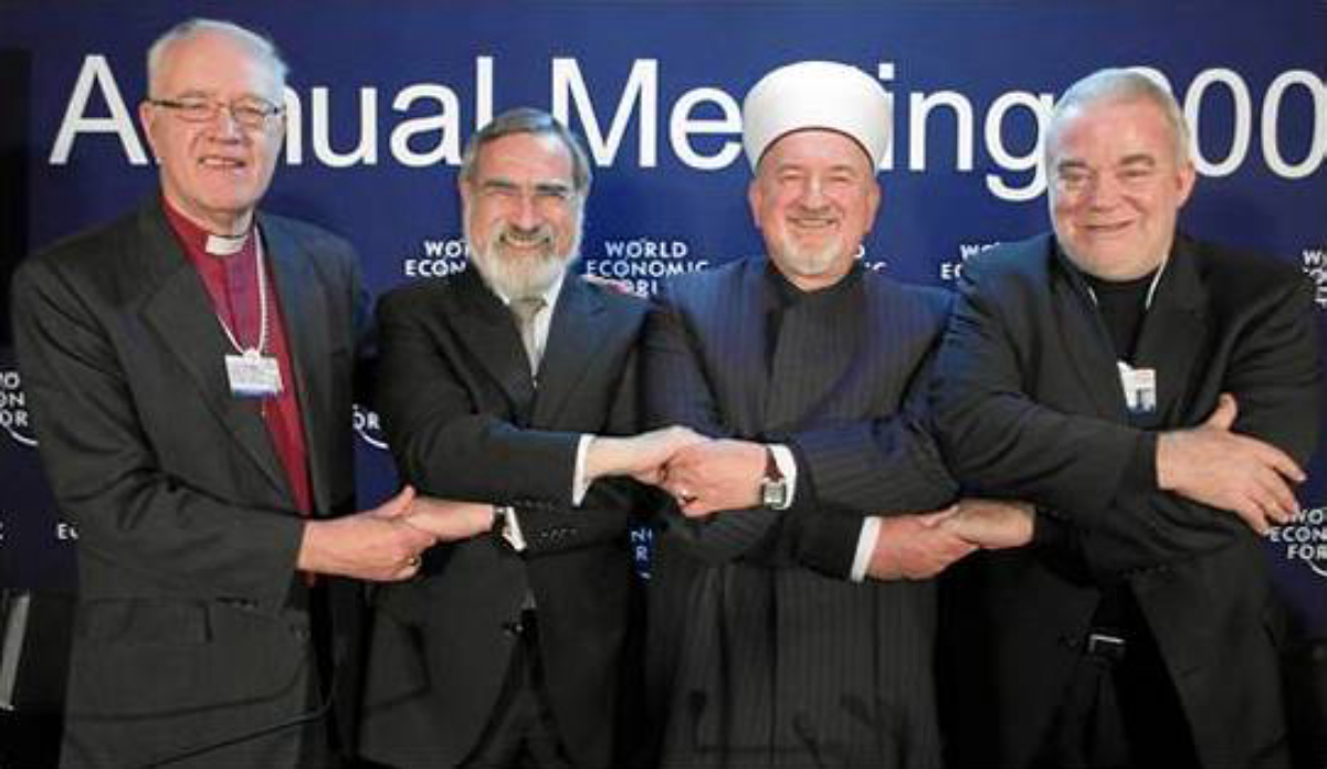 (left to right) <a href="/content/George_Carey" style="color:blue">George Carey</a>, <a href="/content/Archbishop_of_Canterbury" style="color:blue">Archbishop of Canterbury</a> (1991–2002); <a href="/content/Jonathan_Sacks" style="color:blue">Jonathan Sacks</a>, <a href="/content/Chief_Rabbi_of_the_United_Hebrew_Congregations_of_Great_Britain_and_the_Commonwealth" style="color:blue">Chief Rabbi (UK)</a>; <a href="/content/Mustafa_Ceri%C4%87" style="color:blue">Mustafa Cerić</a>, <a href="/content/Grand_Mufti" style="color:blue">Grand Mufti</a> of <a href="/content/Bosnia" style="color:blue">Bosnia</a>; and <a href="/content/Jim_Wallis" style="color:blue">Jim Wallis</a>, <a href="/content/Sojourners" style="color:blue">Sojourners</a>, United States. 2009 <a href="/content/World_Economic_Forum" style="color:blue">World Economic Forum</a> in <a href="/content/Davos,_Switzerland" style="color:blue">Davos, Switzerland</a>.