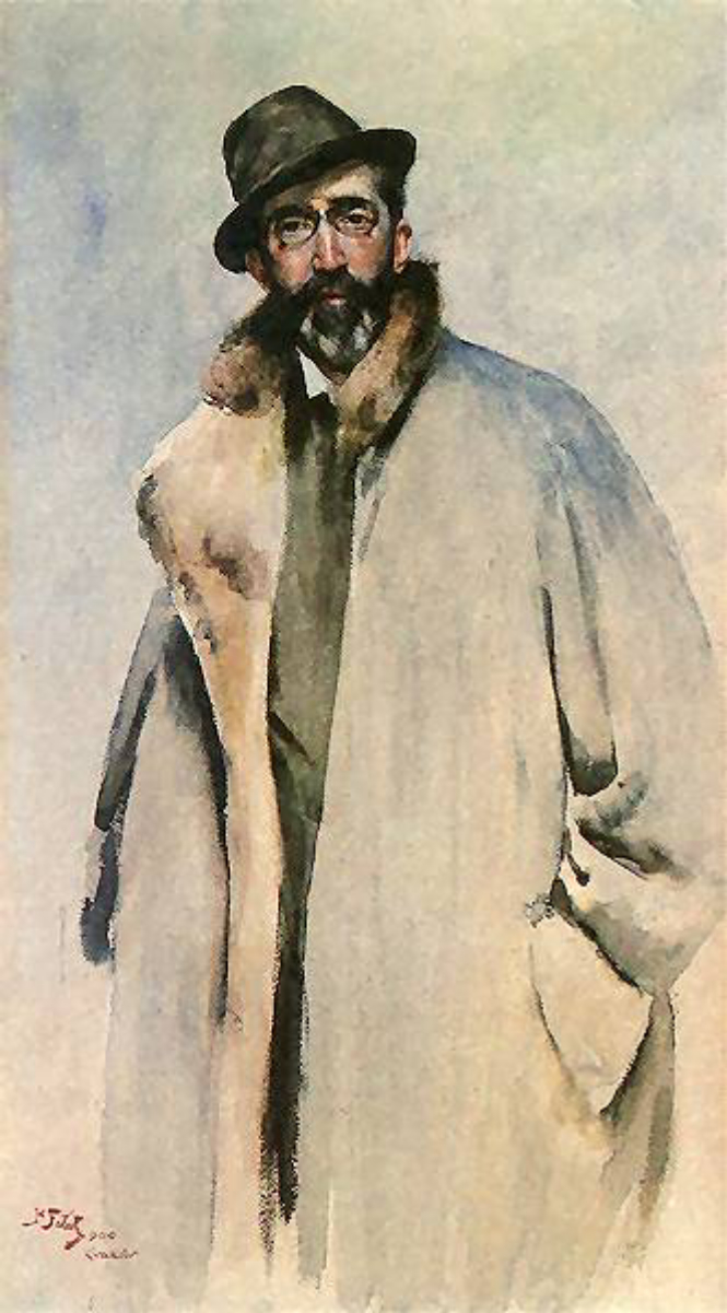 Man wearing a coat, painting by <a href="/content/Julian_Fa%C5%82at" style="color:blue">Julian Fałat</a>, 1900