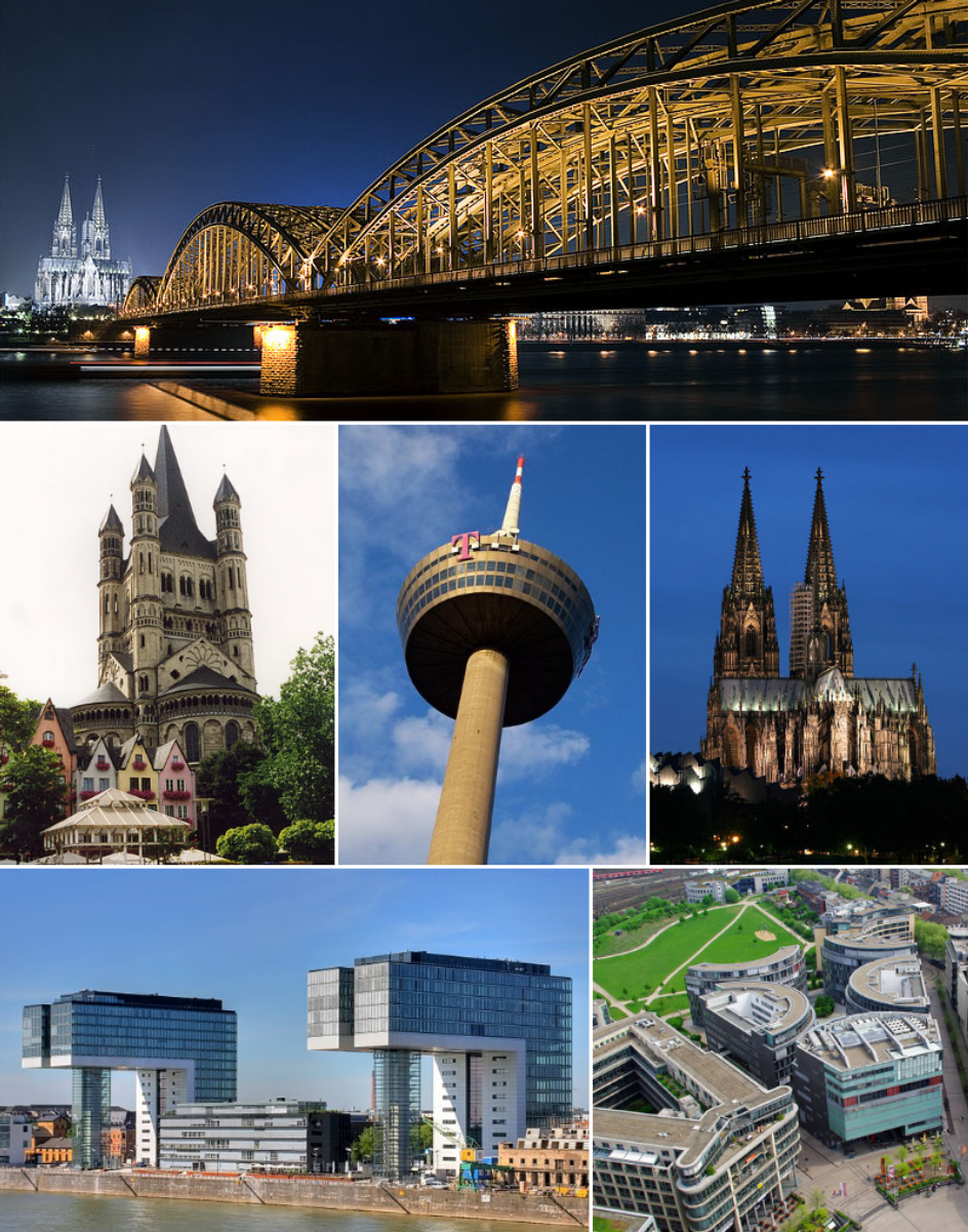 From top to bottom, left to right:
<a href="/content/Hohenzollern_Bridge" style="color:blue">Hohenzollern Bridge</a> by night, <a href="/content/Great_St._Martin_Church" style="color:blue">Great St. Martin Church</a>, <a href="/content/Colonius" style="color:blue">Colonius</a> TV-tower, <a href="/content/Cologne_Cathedral" style="color:blue">Cologne Cathedral</a>, <i><a href="/content/Kranhaus" style="color:blue">Kranhaus</a></i> buildings in <a href="/content/Rheinauhafen" style="color:blue">Rheinauhafen</a>, <a href="/content/MediaPark" style="color:blue">MediaPark</a>