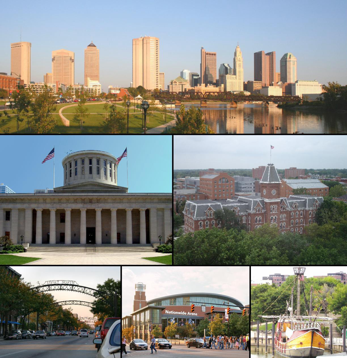 Images, from top left to right: <a href="/content/Downtown_Columbus,_Ohio" style="color:blue">Downtown Columbus, Ohio</a> Statehouse Capitol Square, University Hall (Ohio State University), <a href="/content/Short_North" style="color:blue">Short North</a>, <a href="/content/Nationwide_Arena" style="color:blue">Nationwide Arena</a>, Santa Maria replica