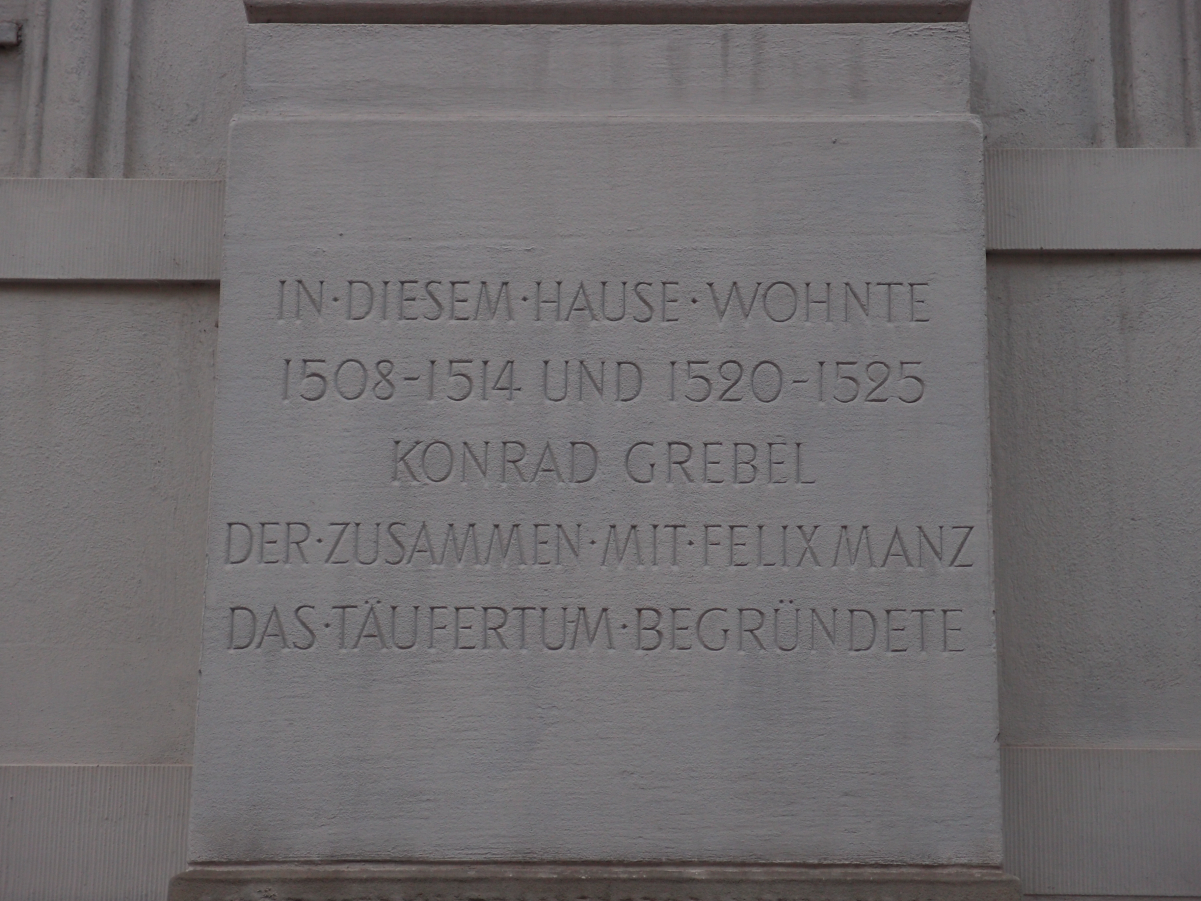 Commemorative plaque for Konrad Grebel in <a href="/content/Neumarkt,_Z%C3%BCrich" style="color:blue">Neumarkt, Zürich</a>