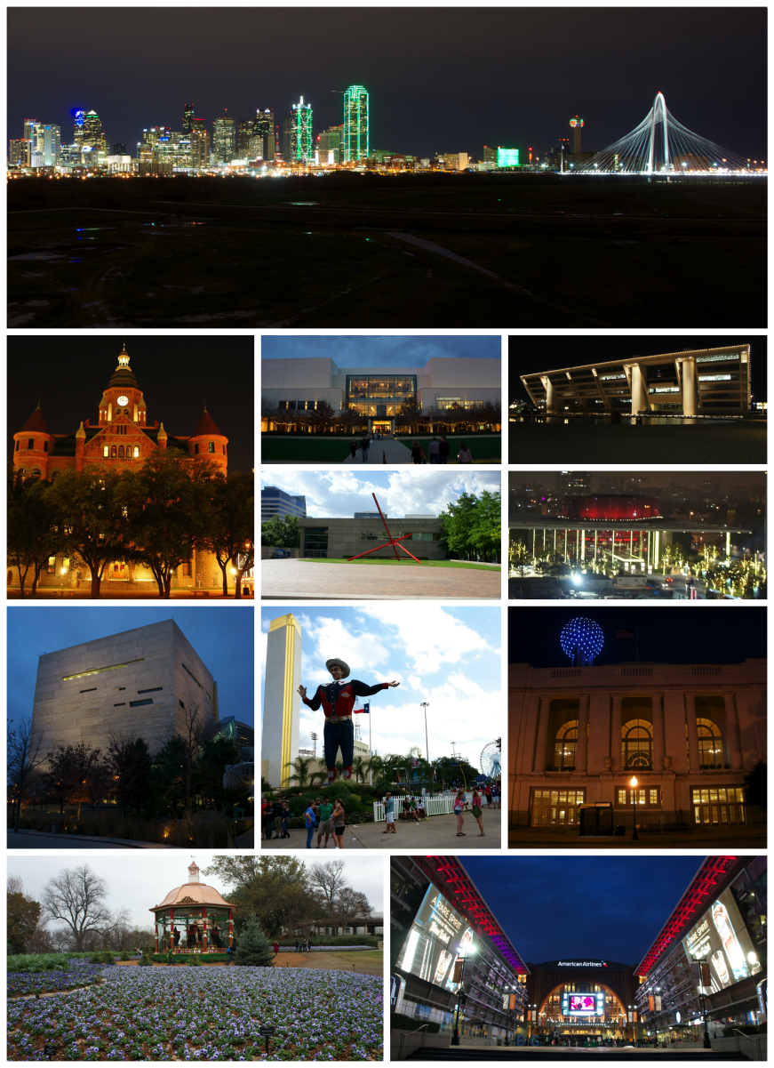 Top to bottom, left to right: <a href="/content/Downtown_Dallas" style="color:blue">Downtown</a>, <a href="/content/Dallas_County_Courthouse_(Texas)" style="color:blue">Old Red Museum</a>, <a href="/content/NorthPark_Center" style="color:blue">NorthPark Center</a>, <a href="/content/Dallas_City_Hall" style="color:blue">City Hall</a>, <a href="/content/Dallas_Museum_of_Art" style="color:blue">Dallas Museum of Art</a>, <a href="/content/Margot_and_Bill_Winspear_Opera_House" style="color:blue">Winspear Opera House</a>, <a href="/content/Perot_Museum_of_Nature_and_Science" style="color:blue">Perot Museum of Nature and Science</a>, <a href="/content/State_Fair_of_Texas" style="color:blue">State Fair of Texas</a> at <a href="/content/Fair_Park" style="color:blue">Fair Park</a>, <a href="/content/Union_Station_(Dallas)" style="color:blue">Dallas Union Station</a>, the <a href="/content/Dallas_Arboretum_and_Botanical_Garden" style="color:blue">Dallas Arboretum and Botanical Garden</a>, the <a href="/content/American_Airlines_Center" style="color:blue">American Airlines Center</a>