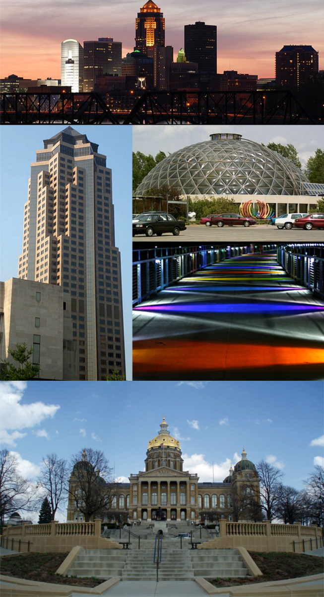 Clockwise from top: skyline, the <a href="/content/Greater_Des_Moines_Botanical_Garden" style="color:blue">Greater Des Moines Botanical Garden</a>, the Kruidenier Trail bridge, the <a href="/content/Iowa_State_Capitol" style="color:blue">Iowa State Capitol</a>, and <a href="/content/801_Grand" style="color:blue">801 Grand</a> (<a href="/content/Principal_Financial_Group" style="color:blue">Principal Financial Group</a>)
