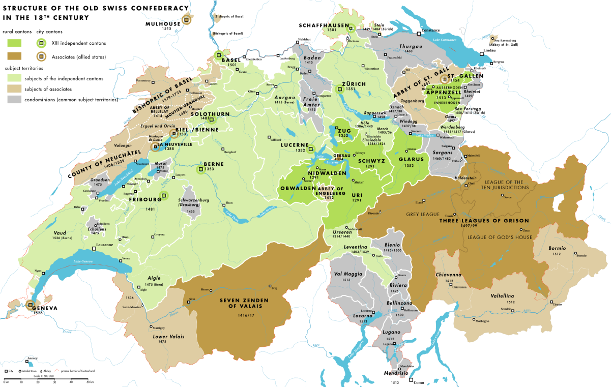 Map of the Swiss Confederacy during the 18th century. Member cantons are shown in green, associates in brown, condominiums in grey.