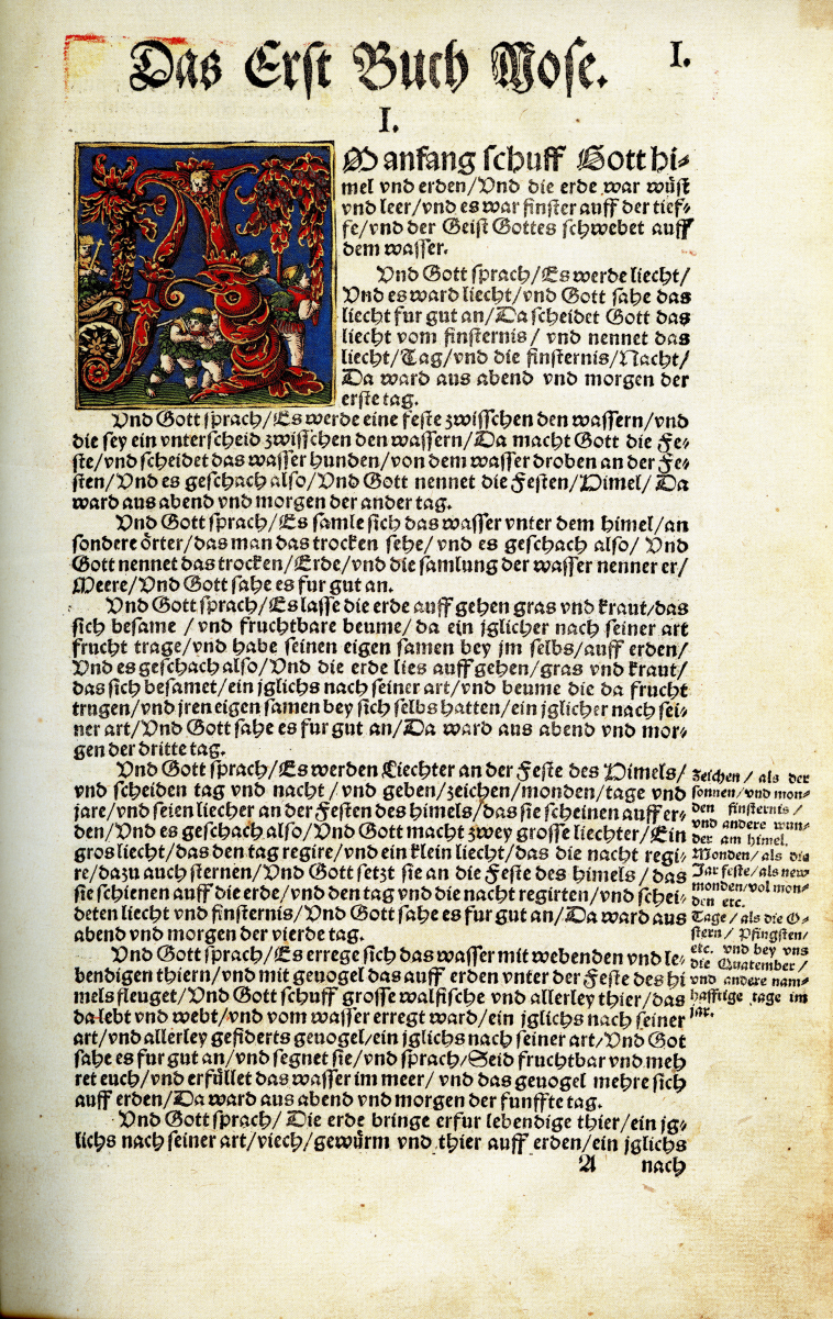 The opening page of the Book of Genesis in Martin Luther's Bible translation of 1534, published by Hans Luft