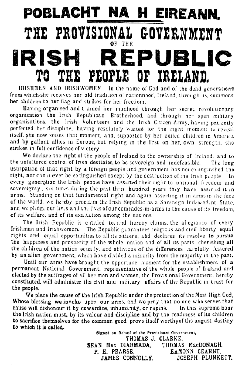 <a href="/content/Proclamation_of_the_Irish_Republic" style="color:blue">Proclamation of the Republic</a>, Easter 1916
