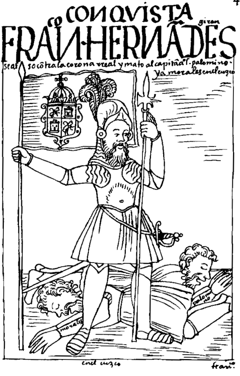 <a href="/content/Francisco_Hern%C3%A1ndez_Gir%C3%B3n" style="color:blue">Francisco Hernández Girón</a> was a Spanish <i>encomendero</i> in the <a href="/content/Viceroyalty_of_Peru" style="color:blue">Viceroyalty of Peru</a> who protested the <a href="/content/New_Laws" style="color:blue">New Laws</a> in 1553. These laws, passed in 1542, gave certain rights to indigenous peoples and protected them against abuses. Drawing by <a href="/content/Felipe_Guam%C3%A1n_Poma_de_Ayala" style="color:blue">Felipe Guamán Poma de Ayala</a>.