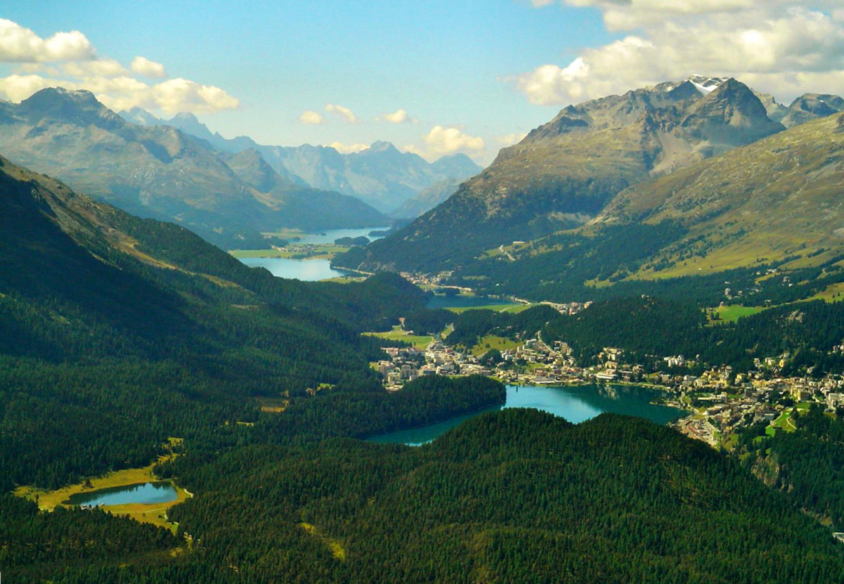 The lakes of the Upper Engadine and the village of <a href="/content/St._Moritz" style="color:blue">St. Moritz</a>