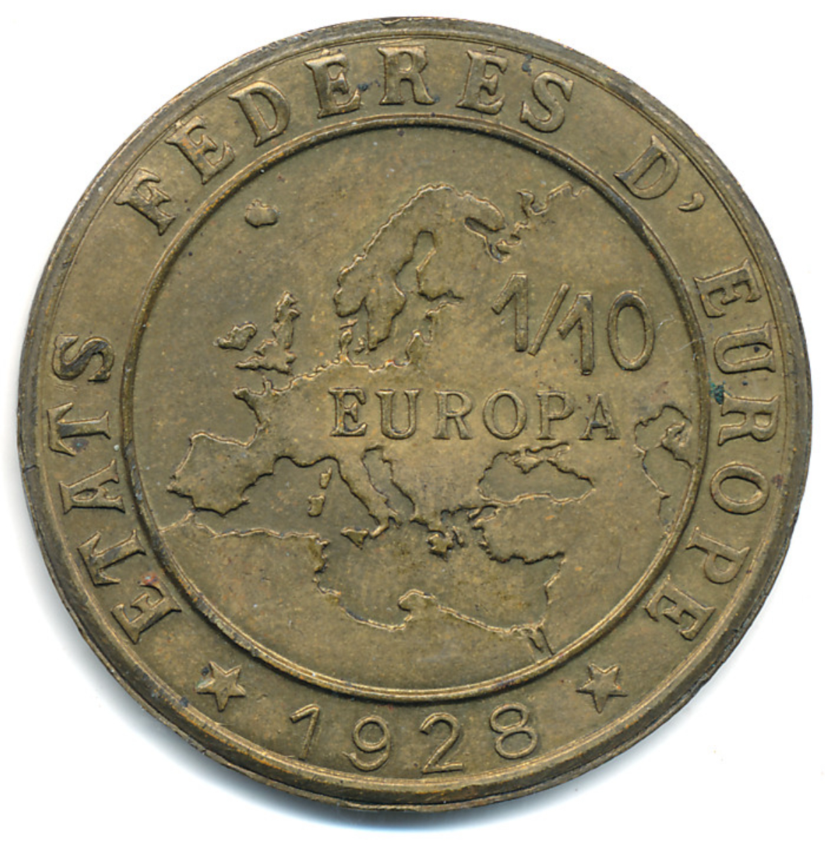 A 1928 <a href="/content/Europa_(currency)" style="color:blue">Europa</a> coin for the hypothetical "Federated States of Europe" (<i>États fédérés d'Europe</i>)