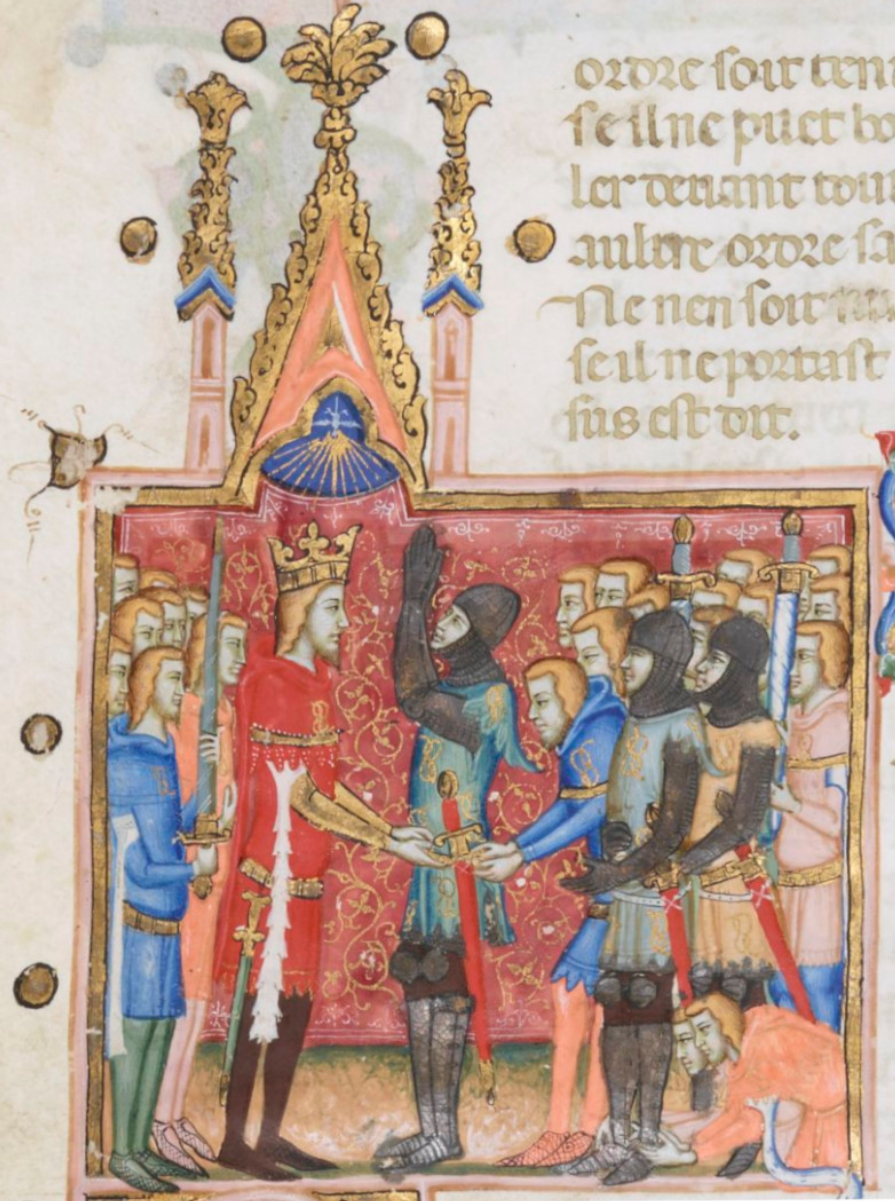 Investiture of a knight (miniature from the statutes of the Order of the Knot, founded in 1352 by <a href="/content/Louis_I_of_Naples" style="color:blue">Louis I of Naples</a>).