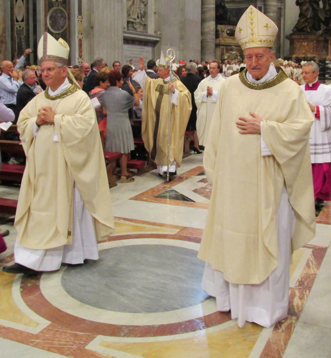Bishop Beschi, left, at ordination of bishop <a href="/content/Maurizio_Malvestiti" style="color:blue">Malvestiti</a>, <a href="/content/Rome" style="color:blue">Rome</a>, 11 October 2014; at right, bishop <a href="/content/Giuseppe_Merisi" style="color:blue">Merisi</a>.