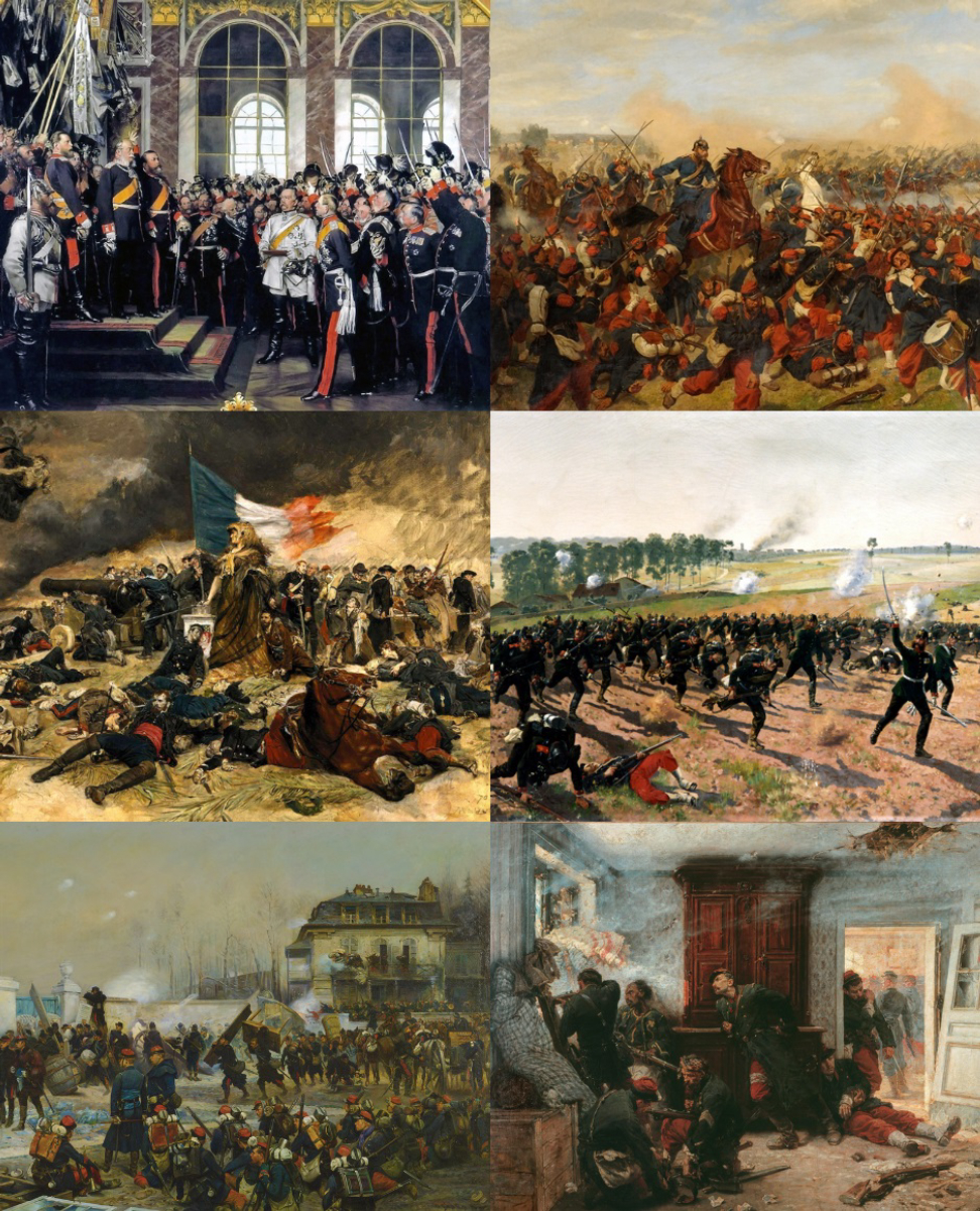 (clockwise from top right)
<i>Battle of Mars-la-Tour, 16 August 1870</i>
<i>The Lauenburg 9th Jäger Battalion at Gravelotte</i>
<i>The Last Cartridges</i>
<i>The Defense of Champigny</i>
<i>The Siege of Paris in 1870</i>
<i>The Proclamation of the German Empire</i>