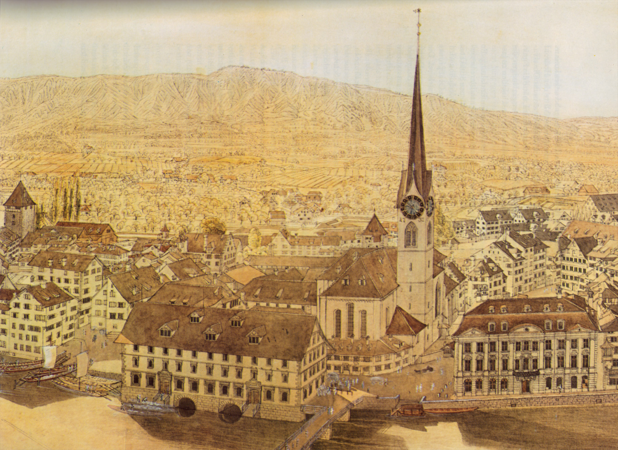 Fraumünster abbey, <a href="/content/M%C3%BCnsterhof" style="color:blue">Münsterhof</a>, <i>old Kornhaus</i> (to the left side) and <a href="/content/Zunfthaus_zur_Meisen" style="color:blue">Zunfthaus zur Meisen</a>. Aquarell by Franz Schmid, showing situation in 1757.