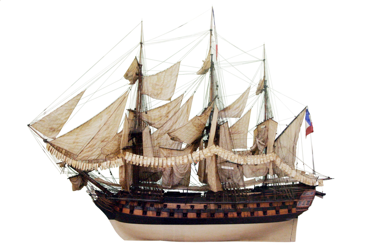 Scale model of <a href="/content/French_ship_Achille_(1803)" style="color:blue"><i>Achille</i></a>, sister ship of French ship Léopard (1787), on display at the Musée de la Marine in Paris.