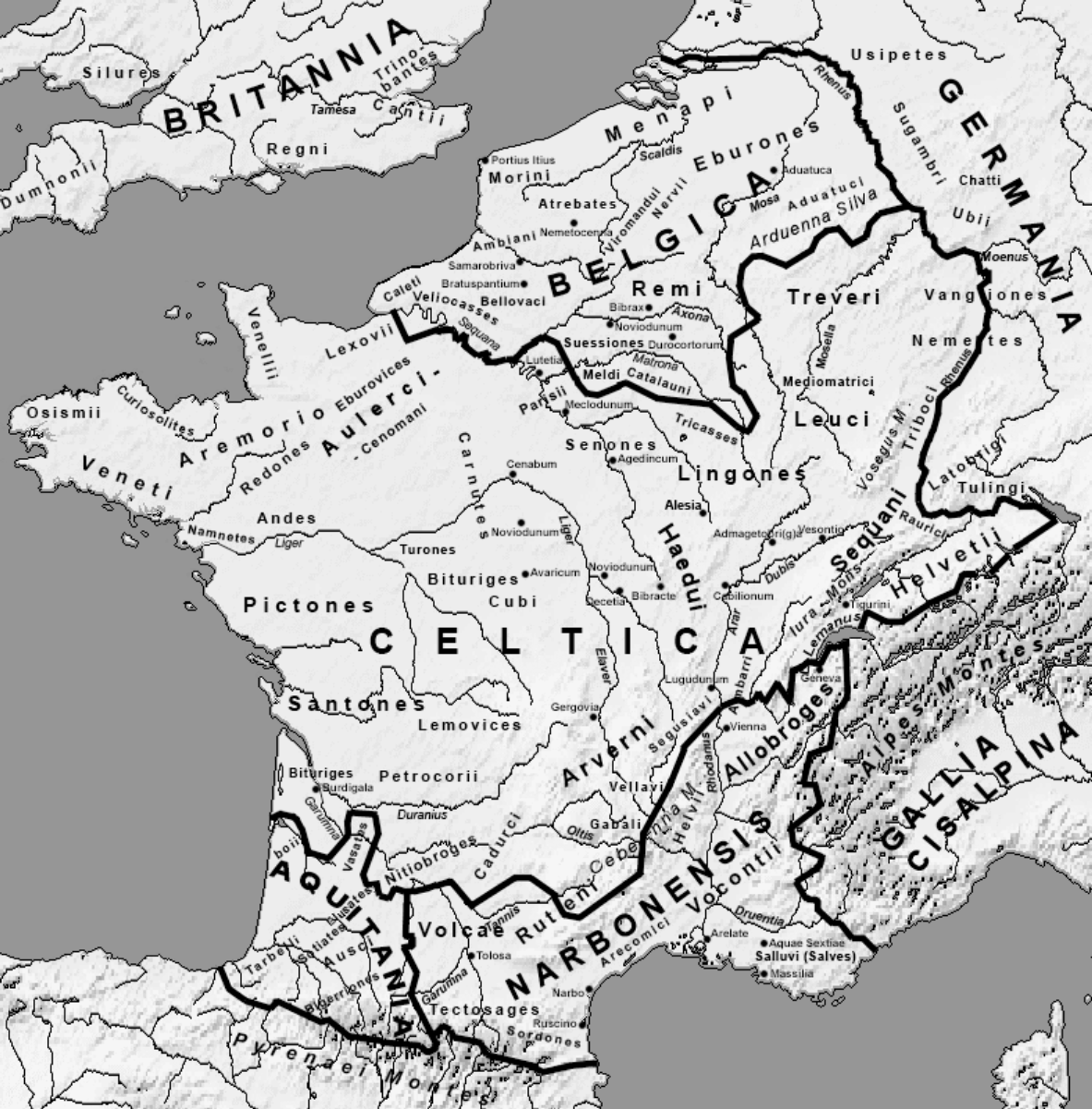 Gaul on the eve of the <a href="/content/Gallic_Wars" style="color:blue">Gallic Wars</a>. <a href="/content/Roman_ethnography" style="color:blue">Roman ethnography</a> divides Gaul into five parts: <a href="/content/Gallia_Belgica" style="color:blue">Gallia Belgica</a>, <a href="/content/Gallia_Celtica" style="color:blue">Gallia Celtica</a> (largely corresponding to the later province <a href="/content/Gallia_Lugdunensis" style="color:blue">Gallia Lugdunensis</a>), <a href="/content/Gallia_Cisalpina" style="color:blue">Gallia Cisalpina</a>, <a href="/content/Gallia_Narbonensis" style="color:blue">Gallia Narbonensis</a>, and <a href="/content/Gallia_Aquitania" style="color:blue">Gallia Aquitania</a>.