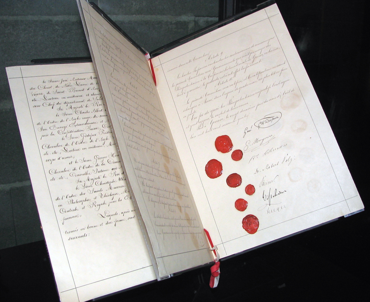 The Geneva Convention: the signature-and-seals page of the <a href="/content/First_Geneva_Convention" style="color:blue">1864 Geneva Convention</a>, that established humane rules of war.