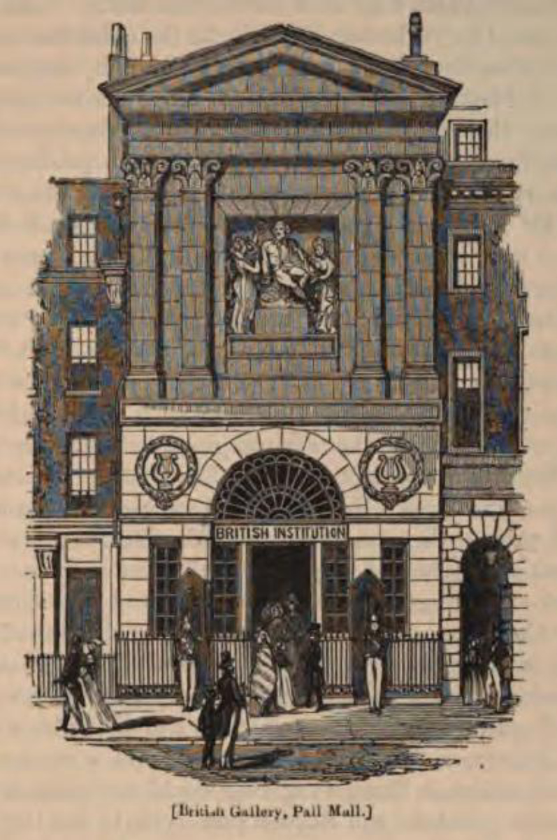 George Dance the younger's <a href="/content/Boydell_Shakespeare_Gallery" style="color:blue">Shakespeare Gallery</a> building (1788), shown in 1851 after its purchase by the <a href="/content/British_Institution" style="color:blue">British Institution</a> (from a wood-engraving in <i>London</i> edited by <a href="/content/Charles_Knight_(publisher)" style="color:blue">Charles Knight</a>)