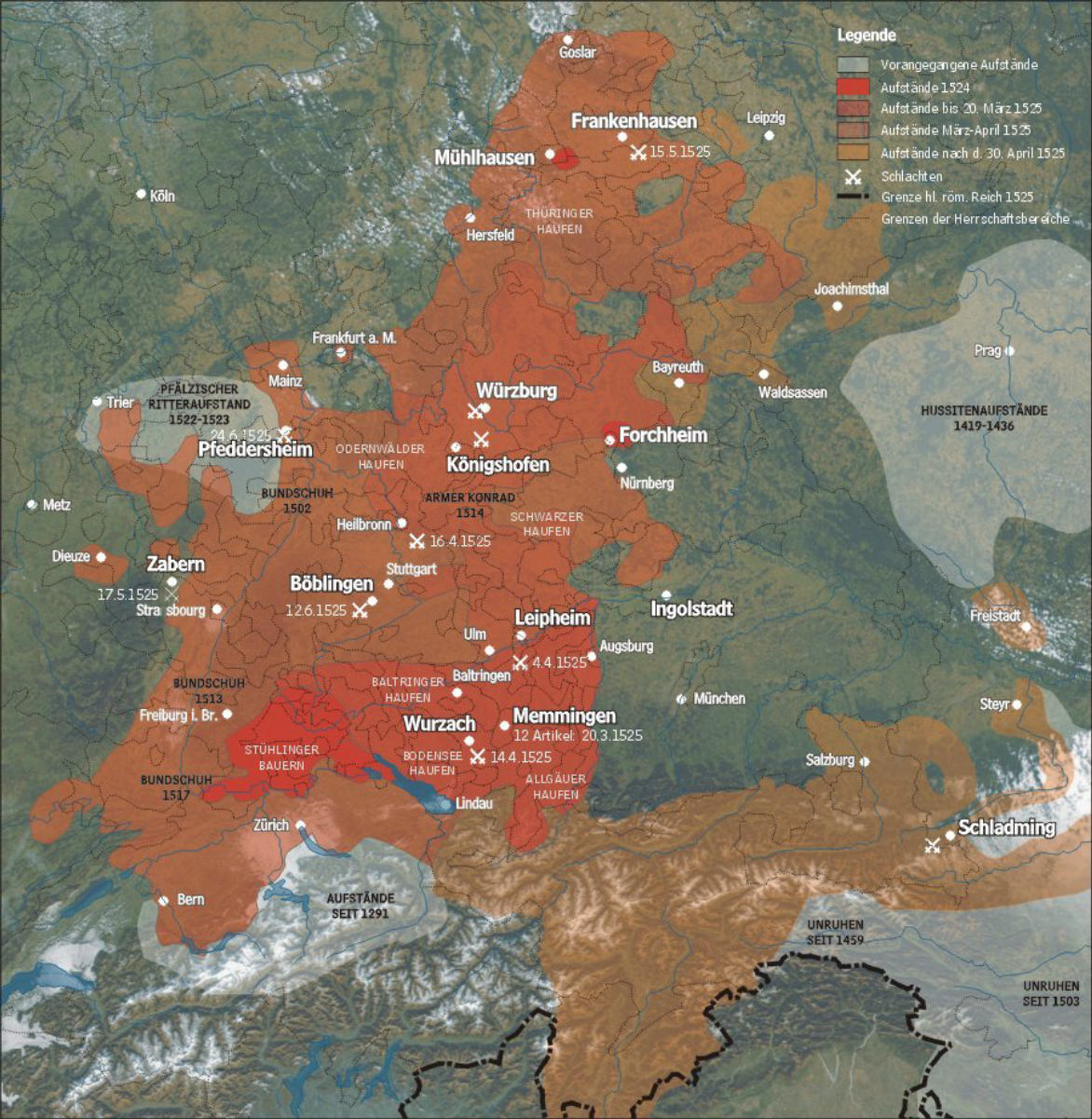 Map showing the locations of the peasant uprisings and major battles