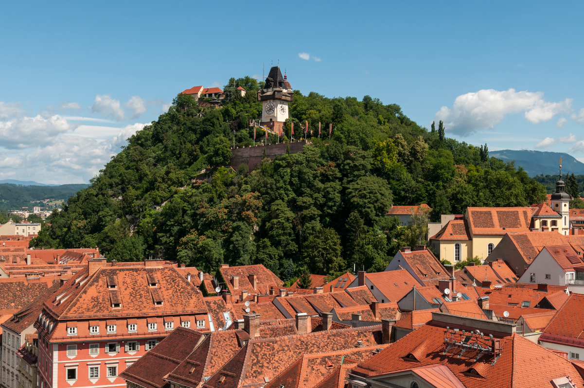 Castle hill (Schlossberg) with the clock tower (Uhrturm), as seen from town hall