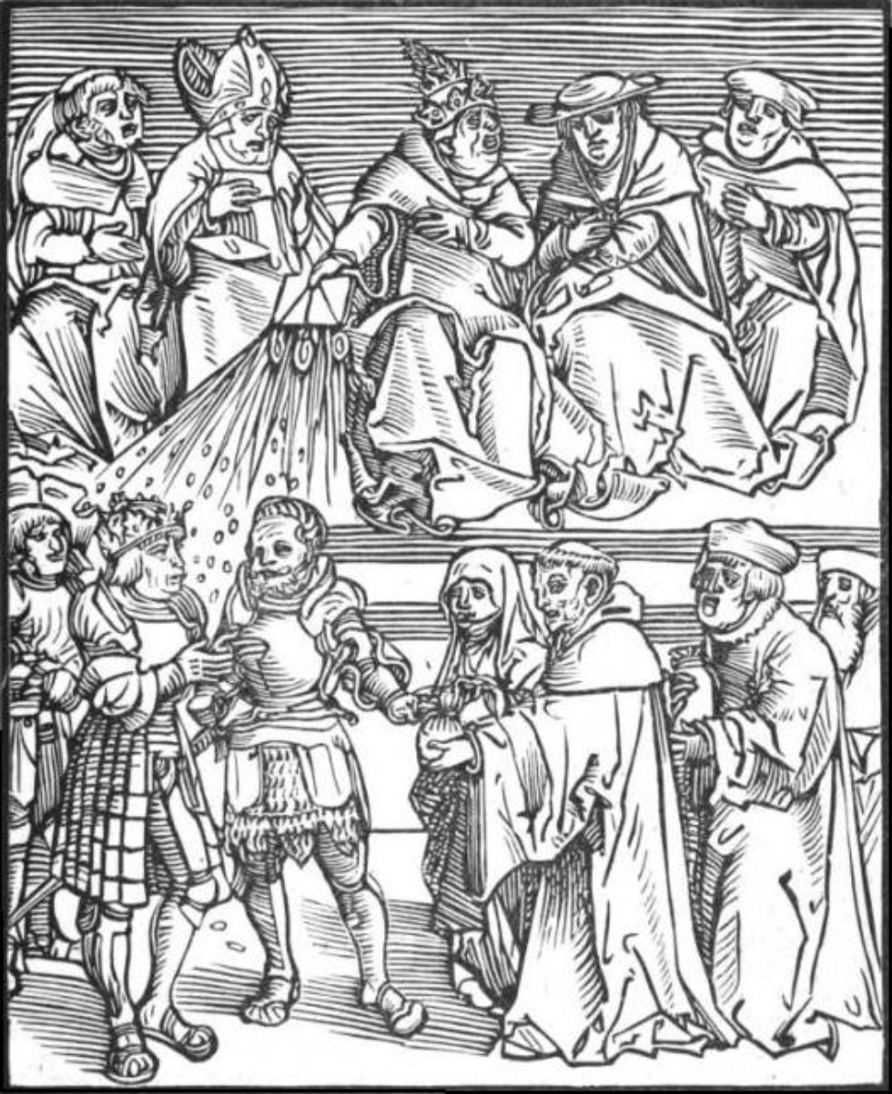 <i>Antichristus</i>, a woodcut by <a href="/content/Lucas_Cranach_the_Elder" style="color:blue">Lucas Cranach the Elder</a>: the <a href="/content/Pope_as_Antichrist" style="color:blue">Pope depicted as the Antichrist</a>, using his <a href="/content/Temporal_power_(papal)" style="color:blue">temporal power</a> to grant authority to a generously contributing ruler.