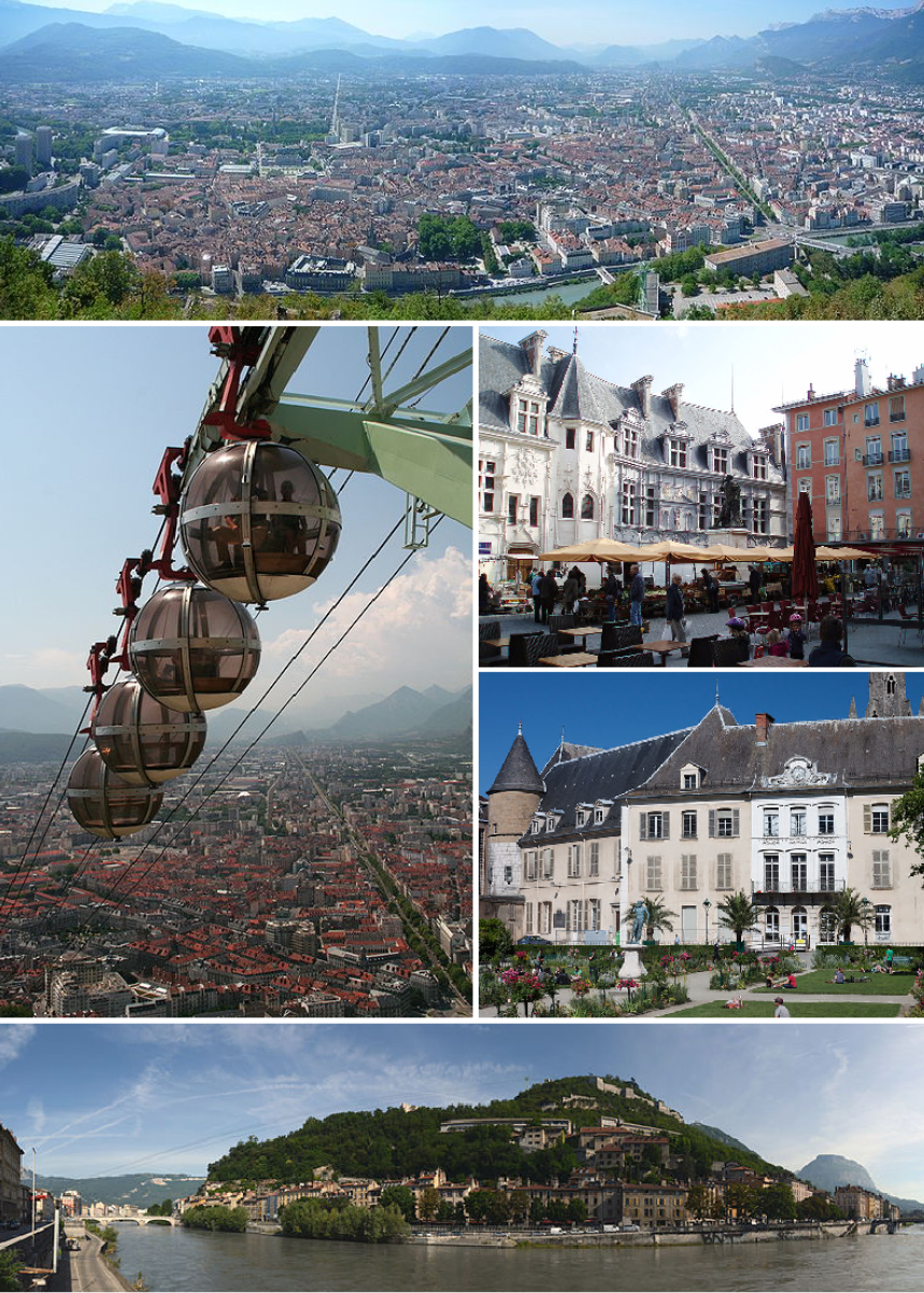 From upper left: Panorama of the city, <a href="/content/Grenoble-Bastille_cable_car" style="color:blue">Grenoble’s cable cars</a>, place Saint-André, jardin de ville, banks of the Isère